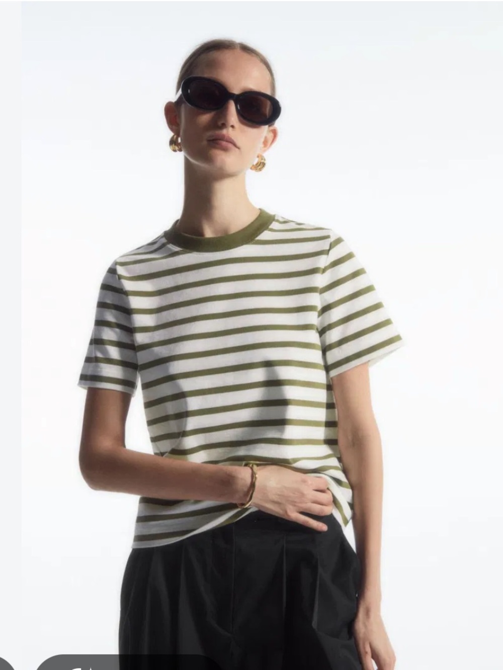 COS Clean Cut Olive and White Striped Crewneck T-Shirt